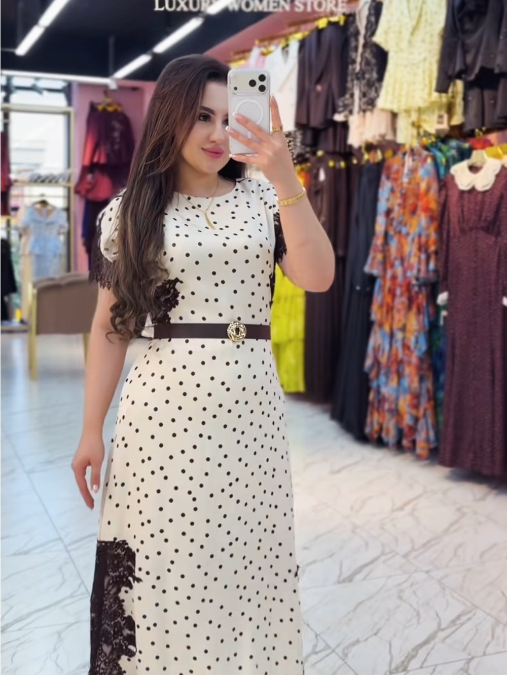 Polka Dot Lace Trim Maxi Dress in White and Black